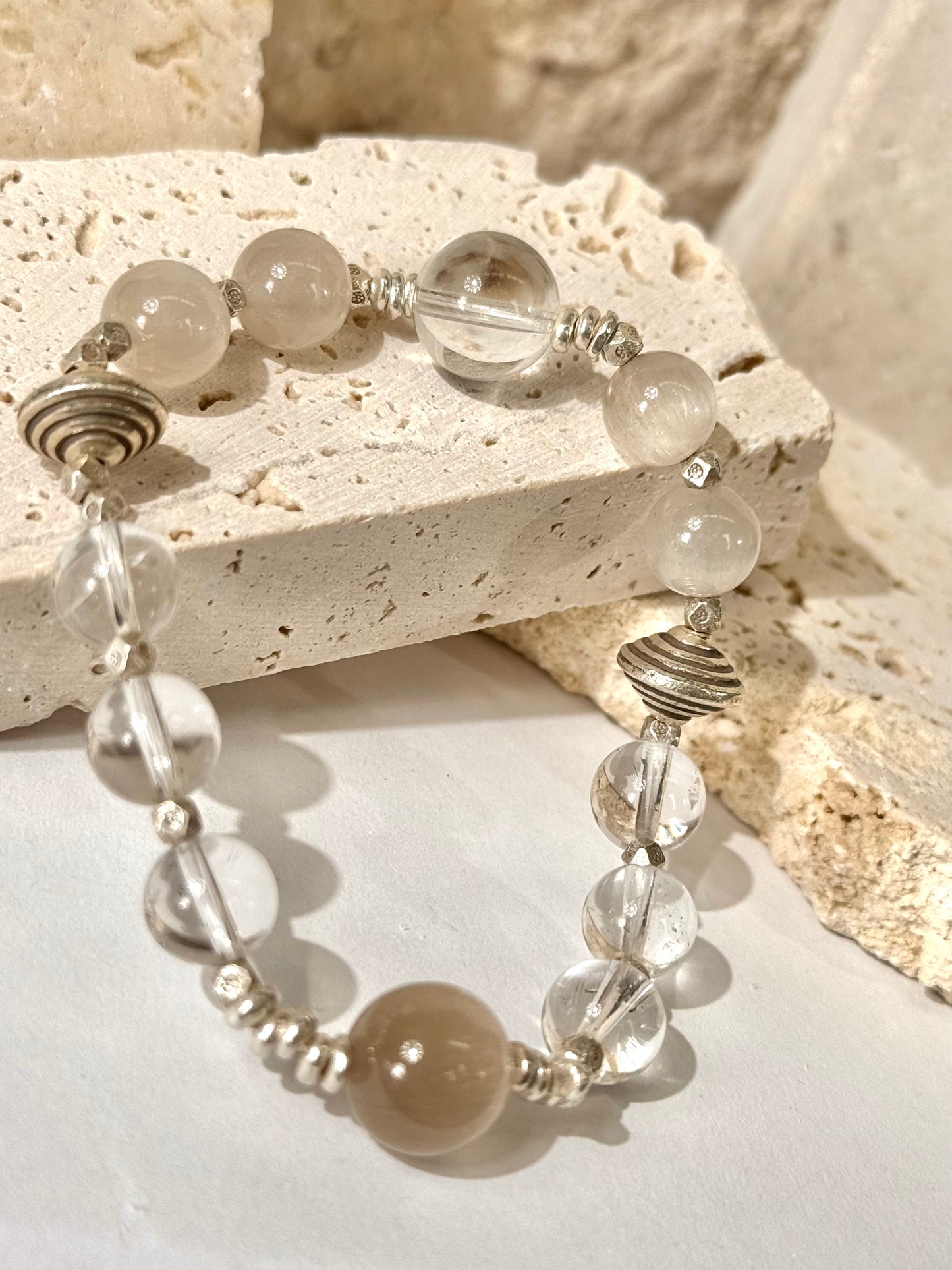 White Crystal & Rutilated Quartz Silver Beads