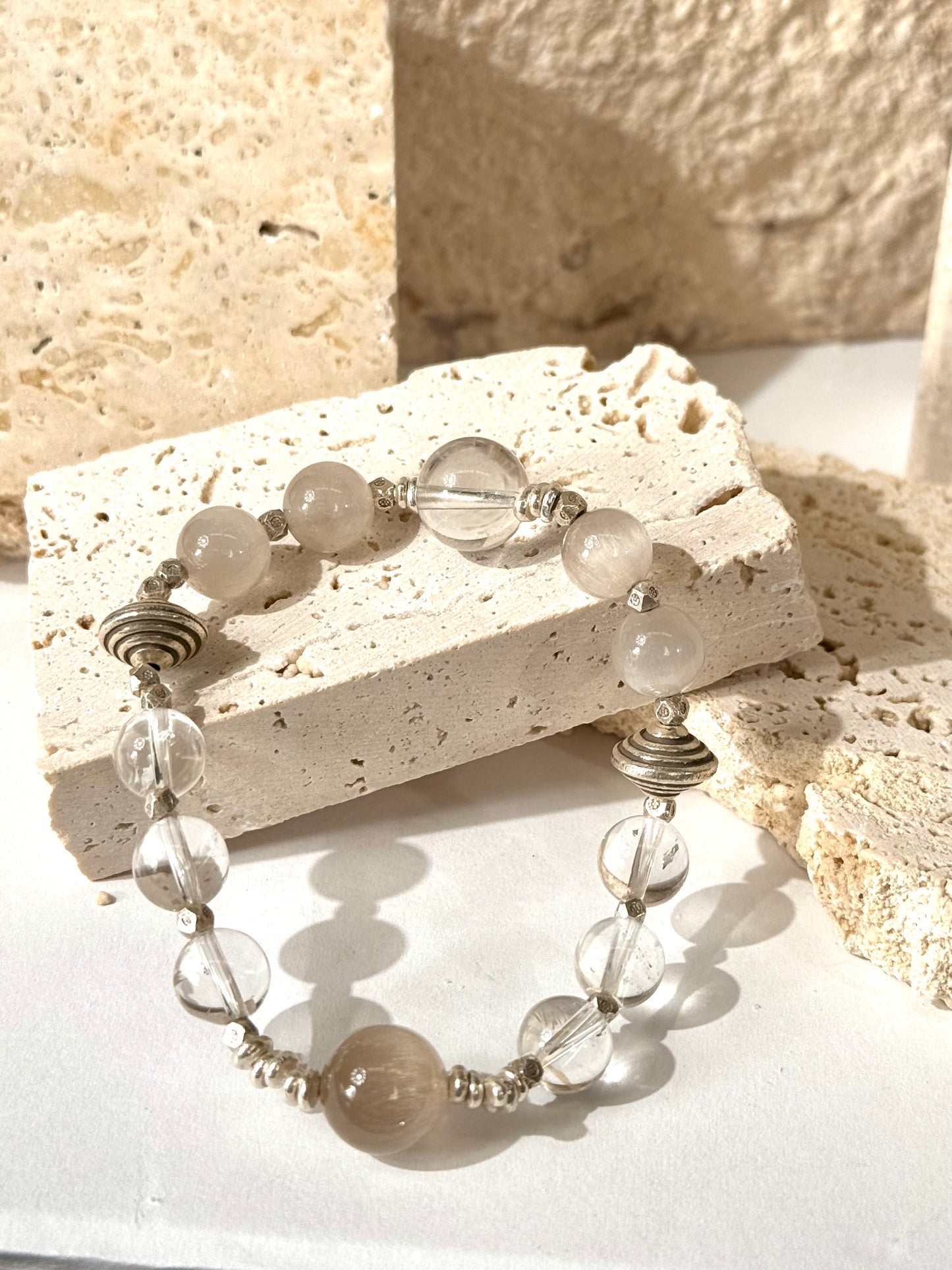 White Crystal & Rutilated Quartz Silver Beads